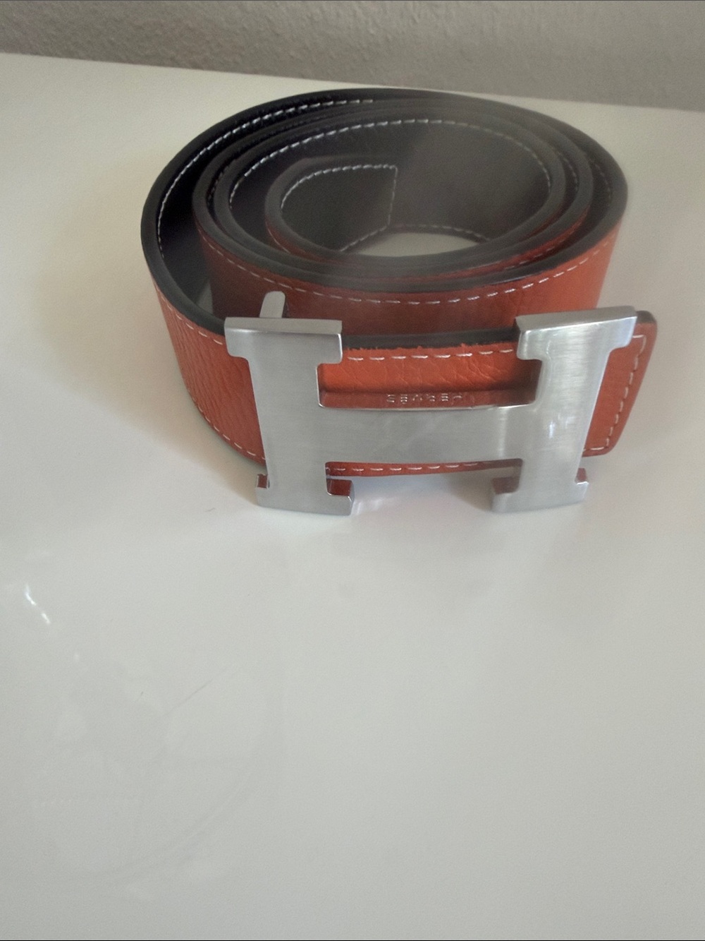 Women’s Leather Belt in Orange with Silver H Buckle - Picture 1 of 2